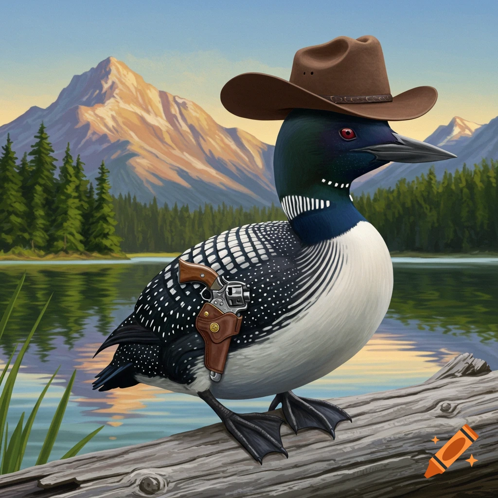 Loon wearing a cowboy hat with a six shooter