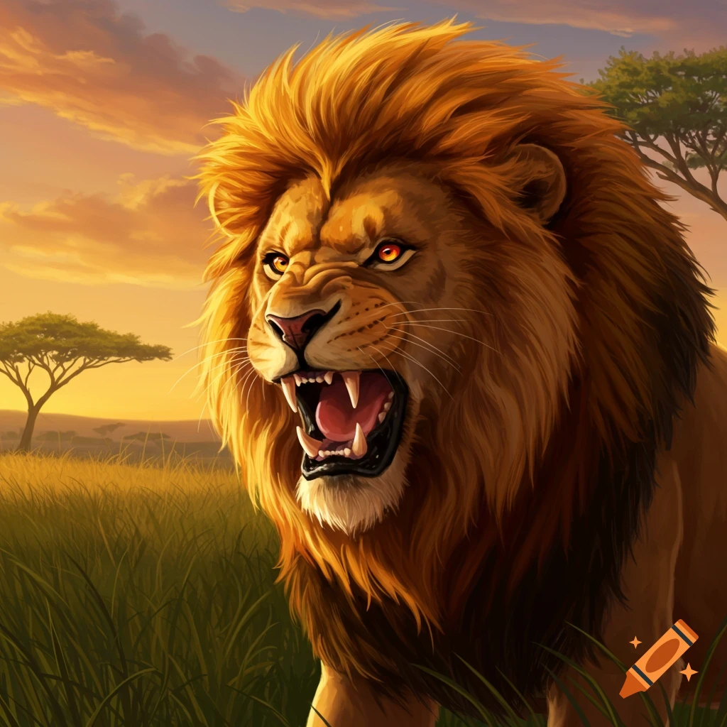 A powerful lion roars in a savanna landscape with acacia trees against a dramatic sunset sky.