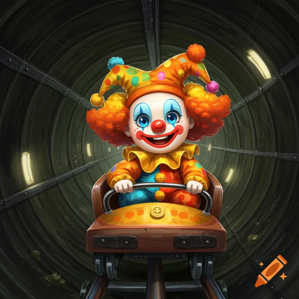 Cute clown on a roller coaster in a tunnel