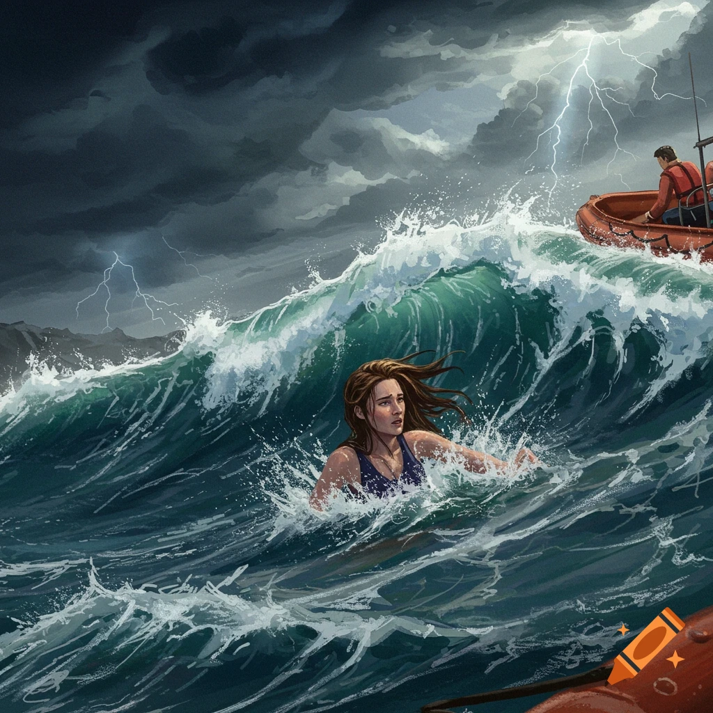 Illustration of a woman struggling in large waves during a storm with a rescue boat nearby.