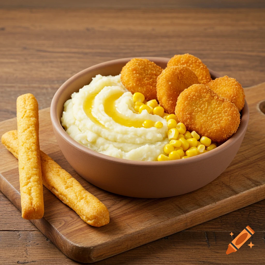 Mashed potatoes, chicken nuggets, and corn in a bowl with a breadstick