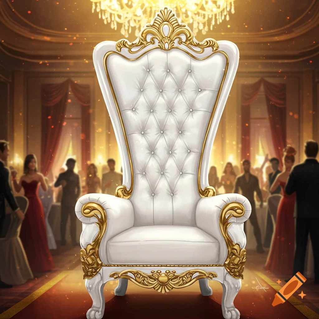 A white and gold ornate throne chair sits on a red carpet in a grand ballroom with blurred party guests in the background.