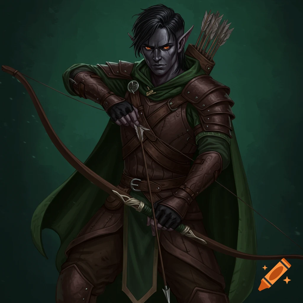 A dark-skinned fantasy character with pointy ears and red eyes, wearing leather armor and holding a bow.