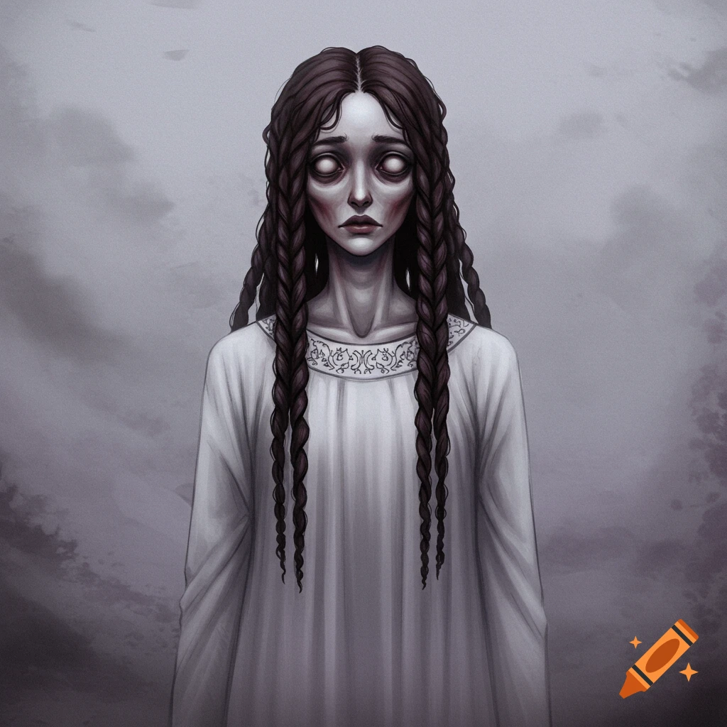 Creepy woman with white eyes, dark braided hair, and a white dress.
