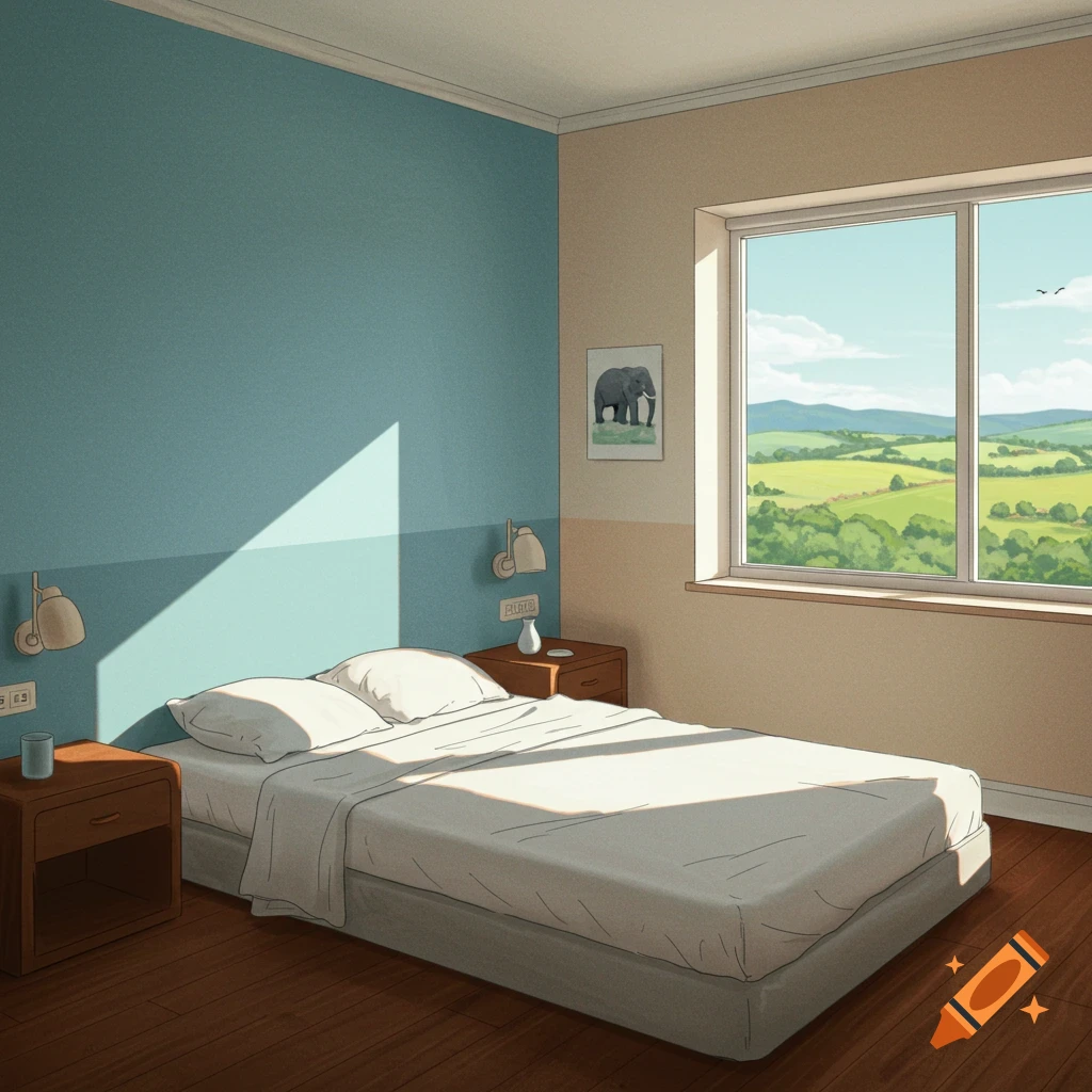 Illustrated bedroom with a bed, nightstand, and a window view of a landscape.