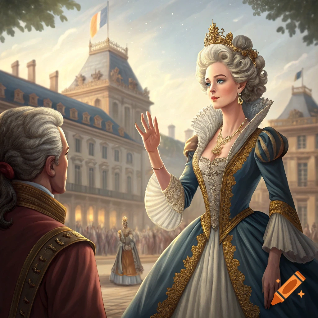 An illustration of a woman in a historical blue and white dress and crown raising her hand towards a man in red, with a crowd and classical buildings behind them.