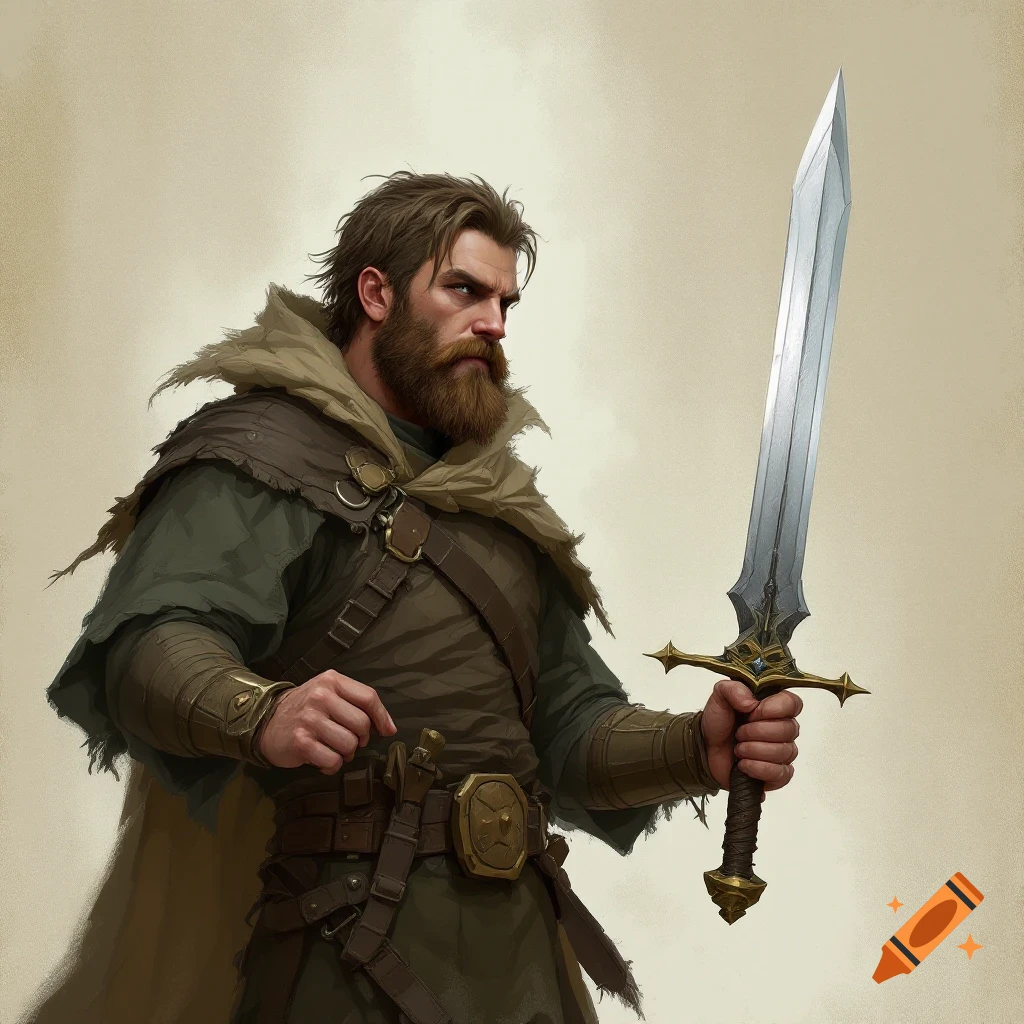Illustration of a bearded man in fantasy armor holding a large sword.