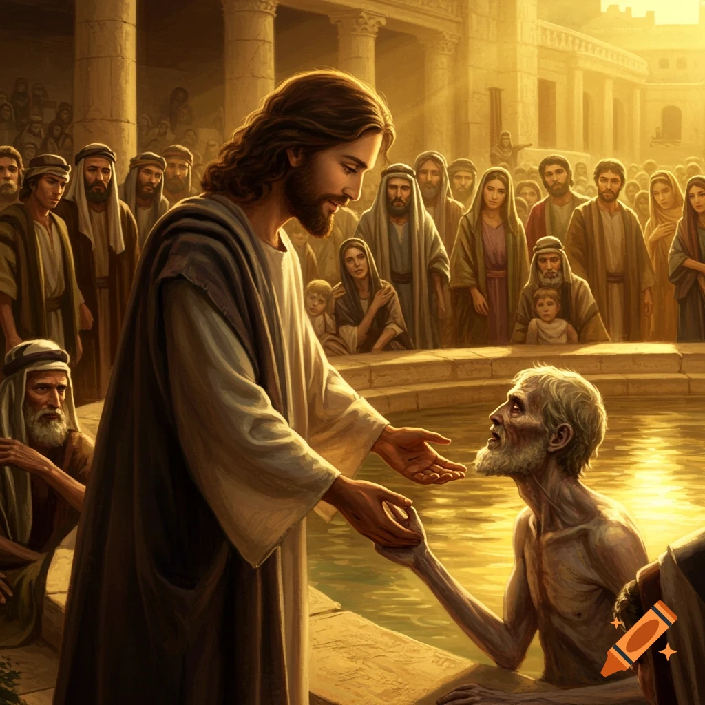 Jesus reaches out to heal a man in a pool as a crowd watches in a bright, ancient setting.
