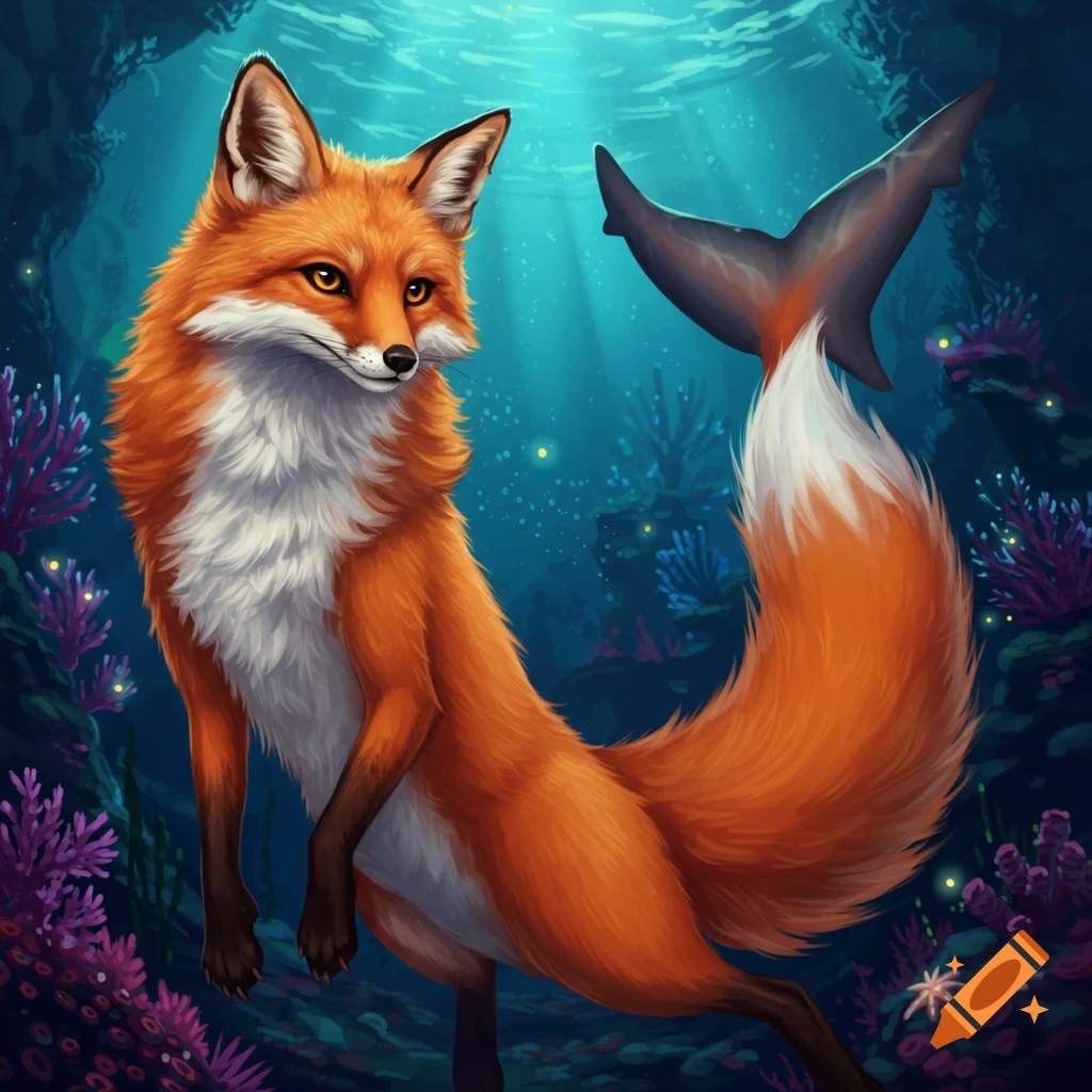 An illustration of a fox with a shark tail swimming in an underwater coral reef.