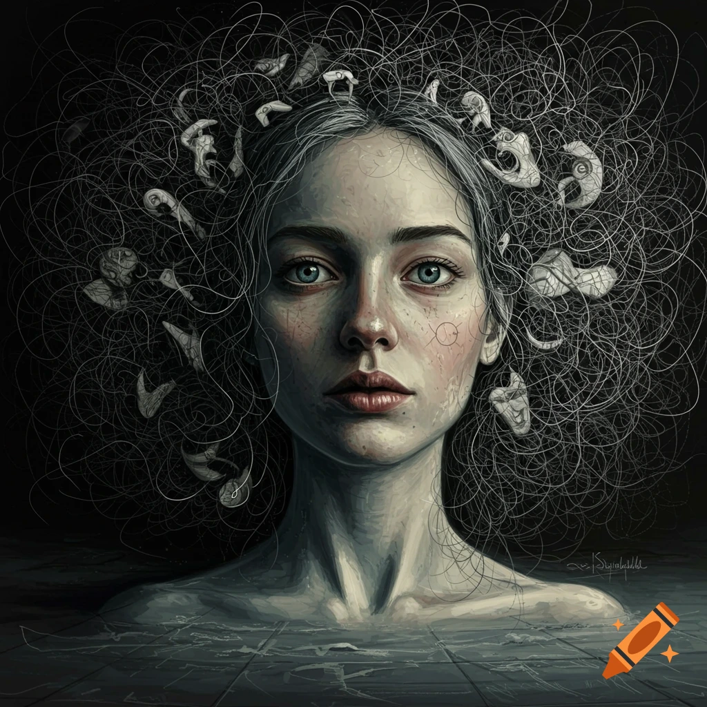 A woman's face and shoulders emerge from water, with tangled lines and abstract shapes around her head.