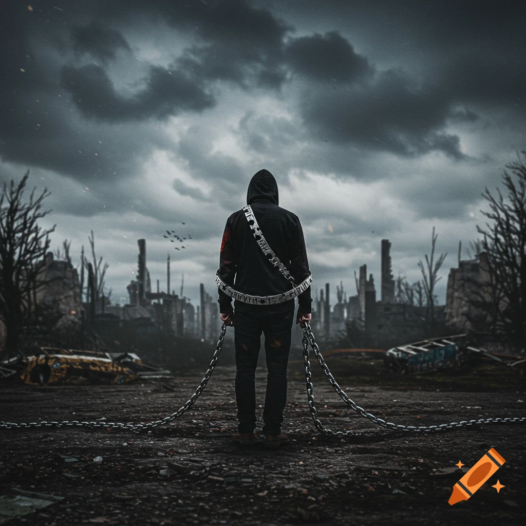 Person in a hooded jacket holding chains stands in a ruined city under a stormy sky.