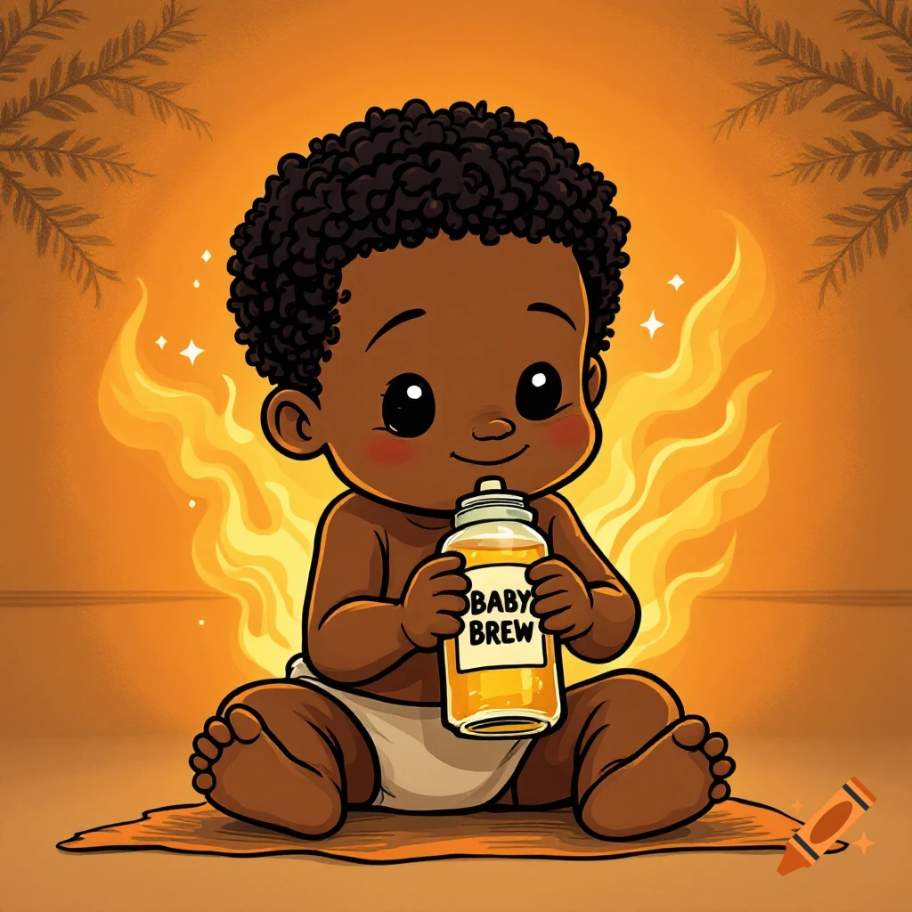Black baby holding a Baby Brew self-heating bottle cartoon