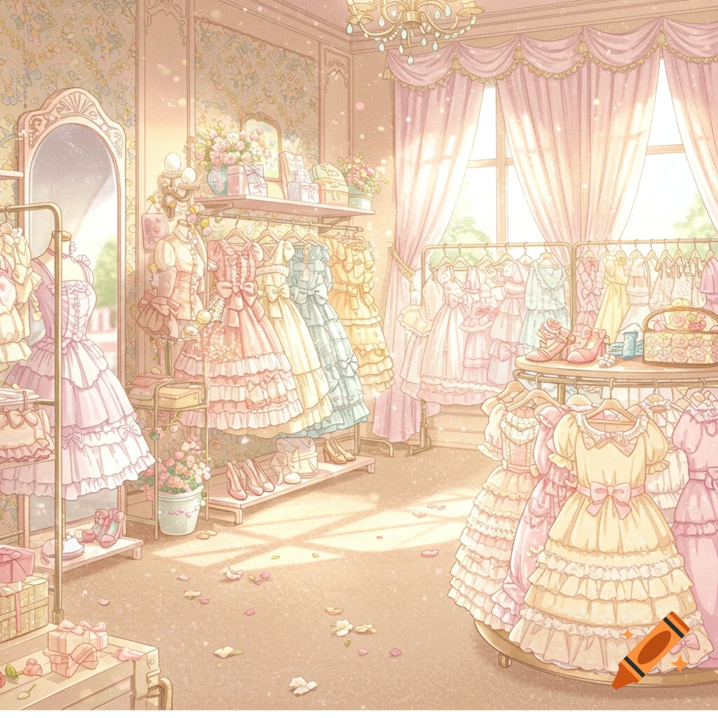 A pastel-colored anime-style clothing store filled with ruffled dresses, shoes, and decorative items, bathed in sunlight.