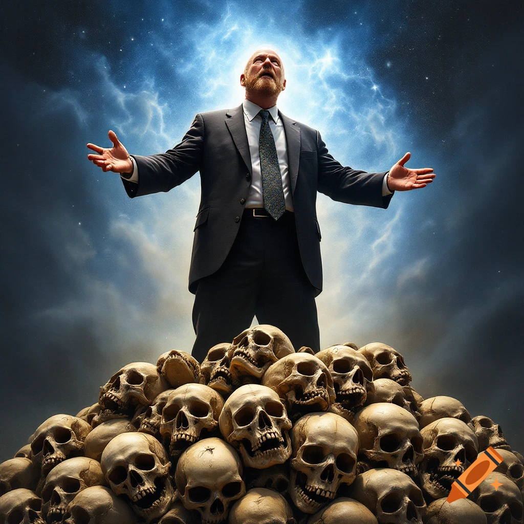 Man in a suit stands atop a large pile of skulls under a stormy sky.