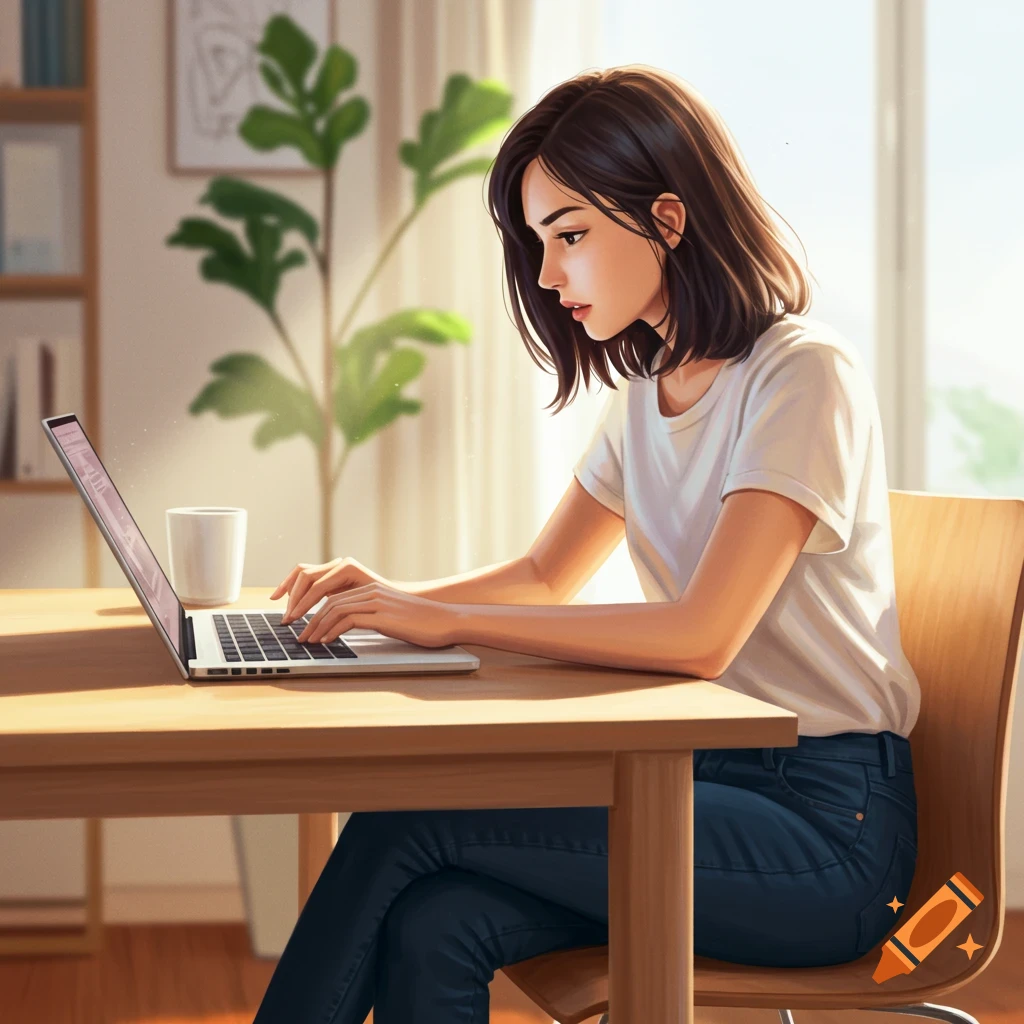 A woman sits at a table and works on a laptop in a sunlit room.