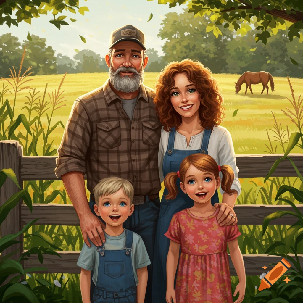 Stylized portrait of a farm family standing by a fence with cornstalks and a field.