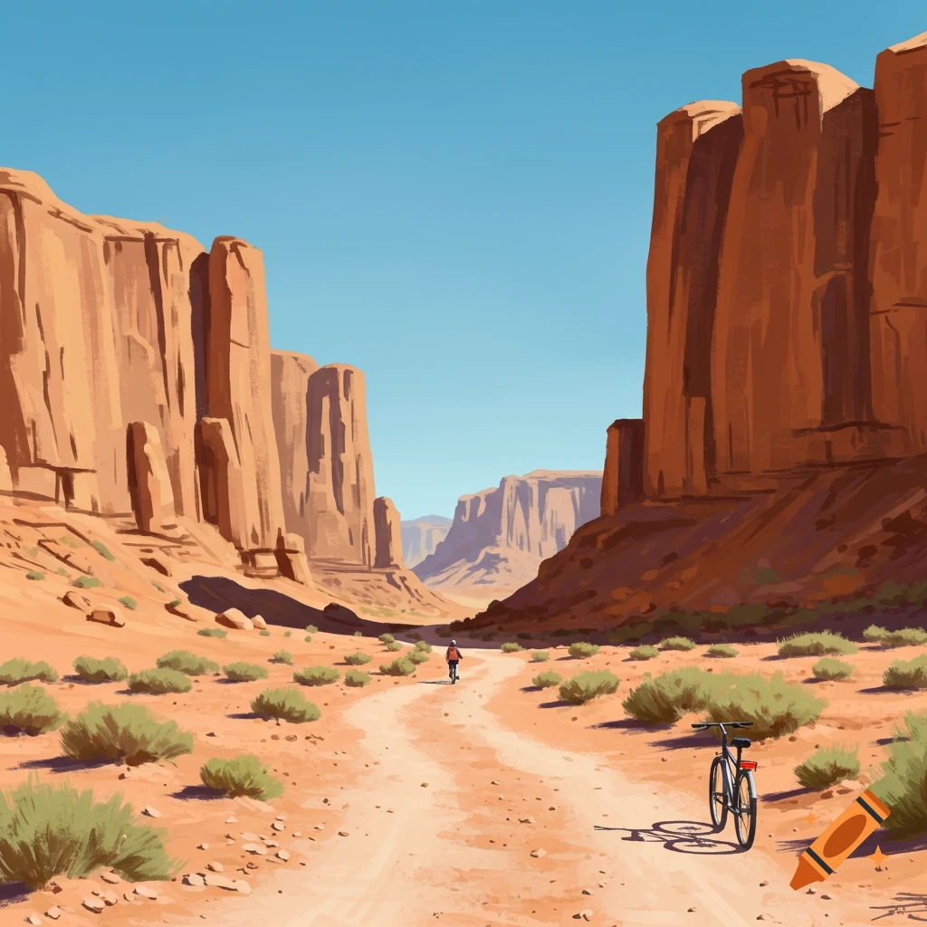 Illustrated desert canyon landscape with a dirt path, a person biking in the distance, and a bicycle in the foreground under a blue sky.