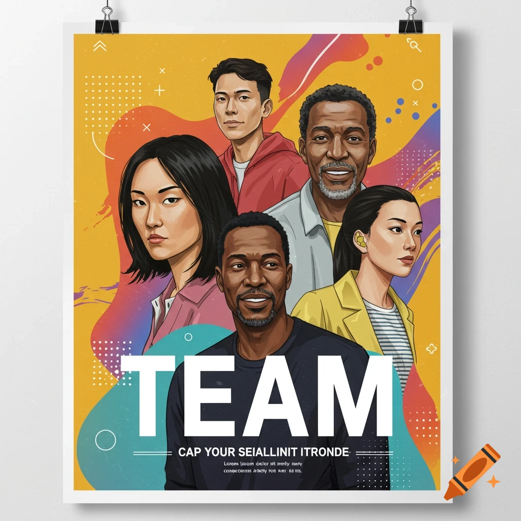 An illustration of a diverse group of five people on a colorful poster with abstract shapes and the large word 'TEAM'.