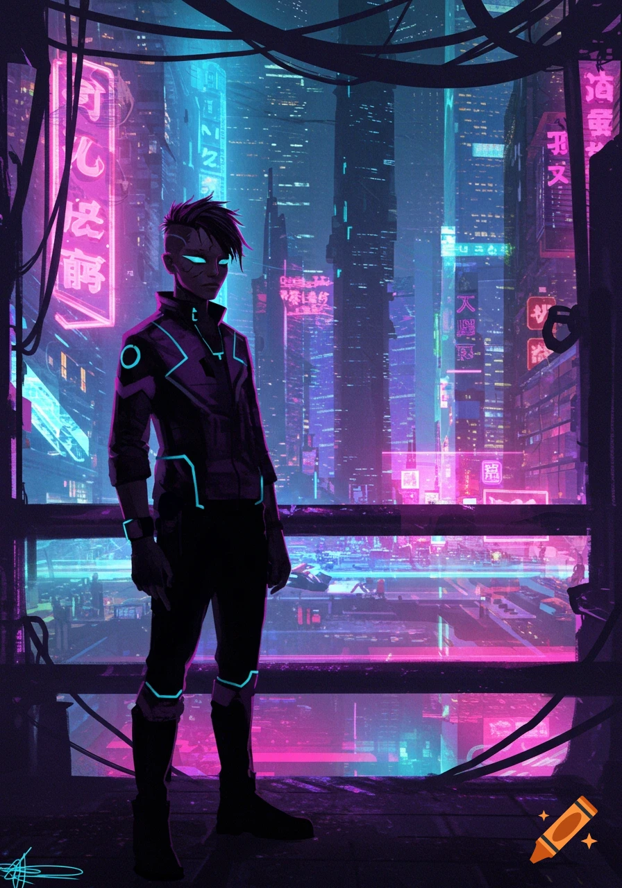 Stylized figure with glowing eyes stands against a vibrant neon cyberpunk city.