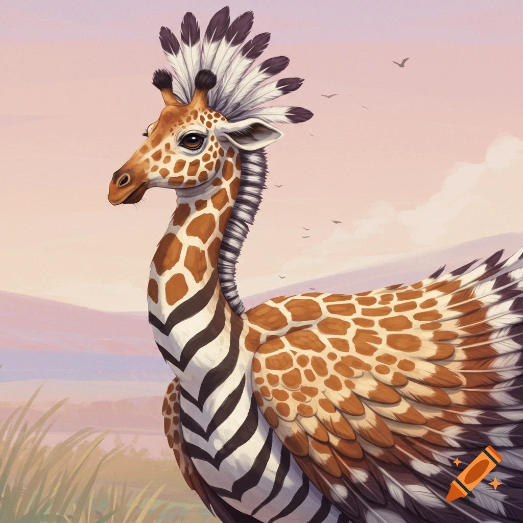 Illustration of a fantasy creature hybrid of a giraffe, zebra, and bird standing in a field at sunset.