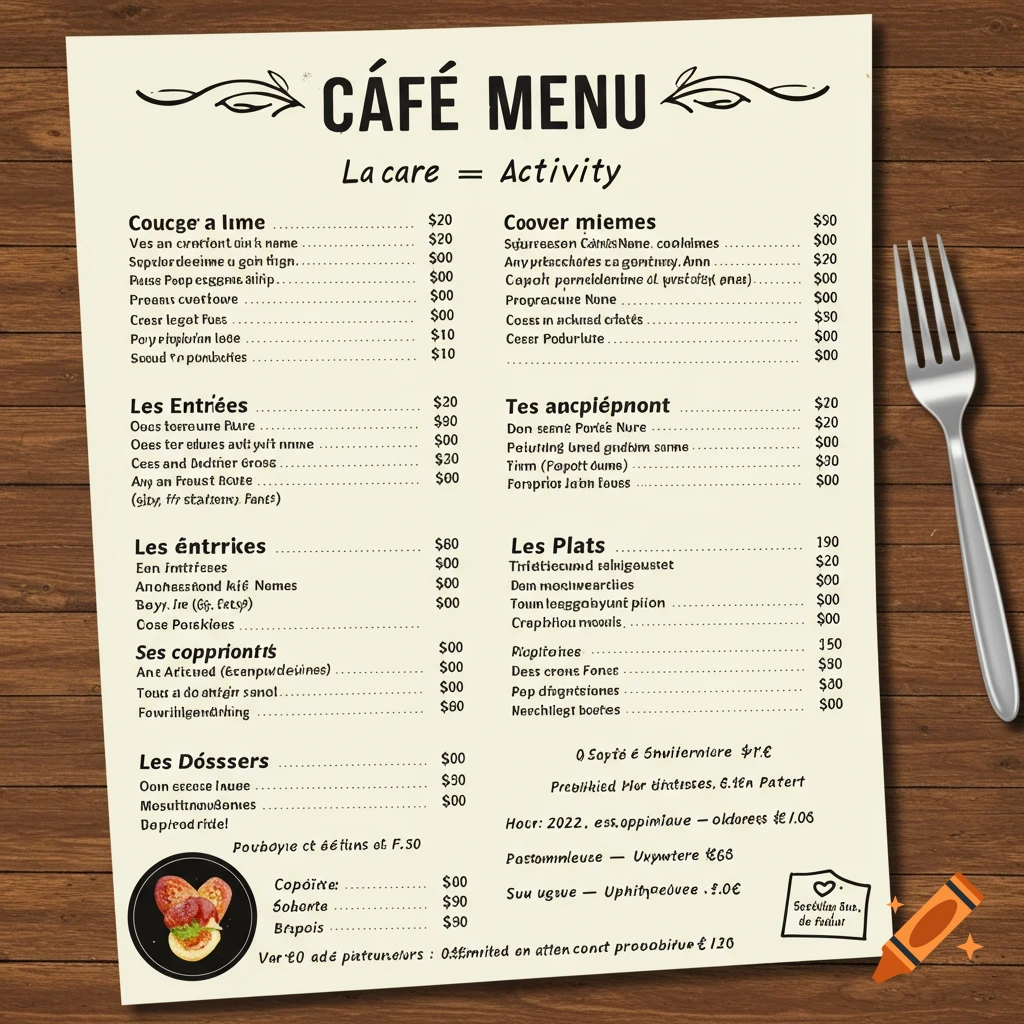 Cafe menu layout with different categories