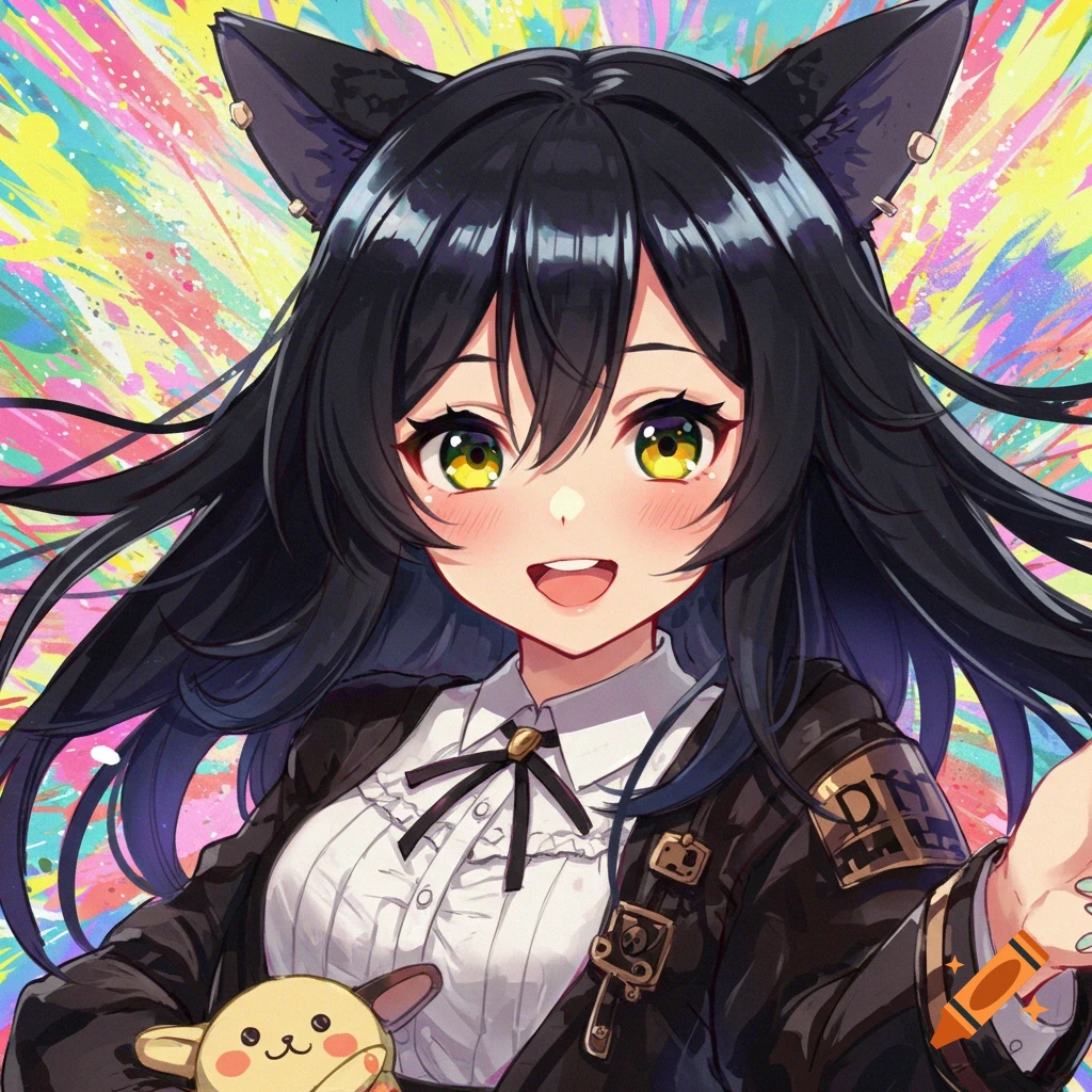 Anime girl with black hair, cat ears, and yellow eyes smiling and holding a toy against a colorful background.