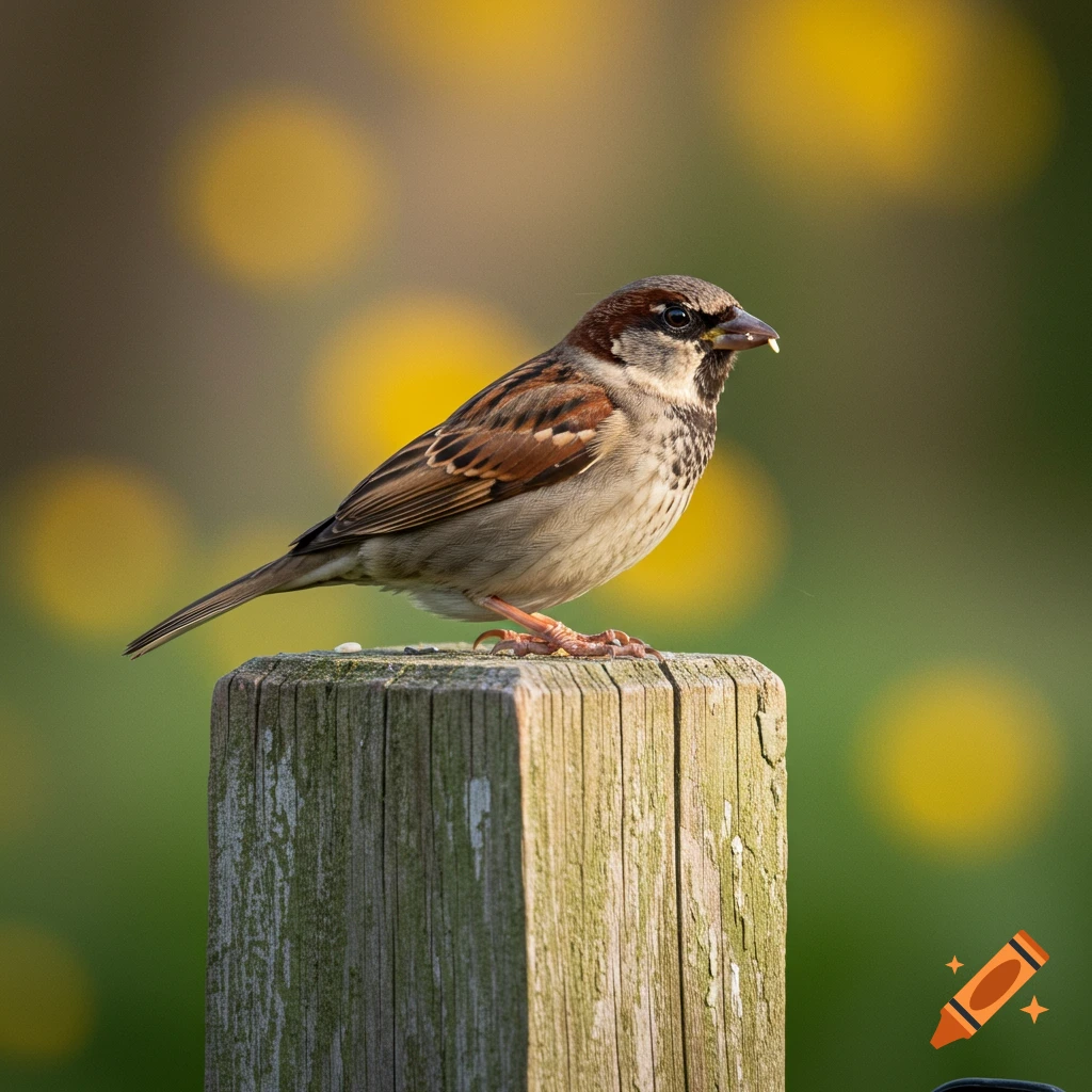 A close-up photo of a sparrow perched on a wooden post with a blurry background.