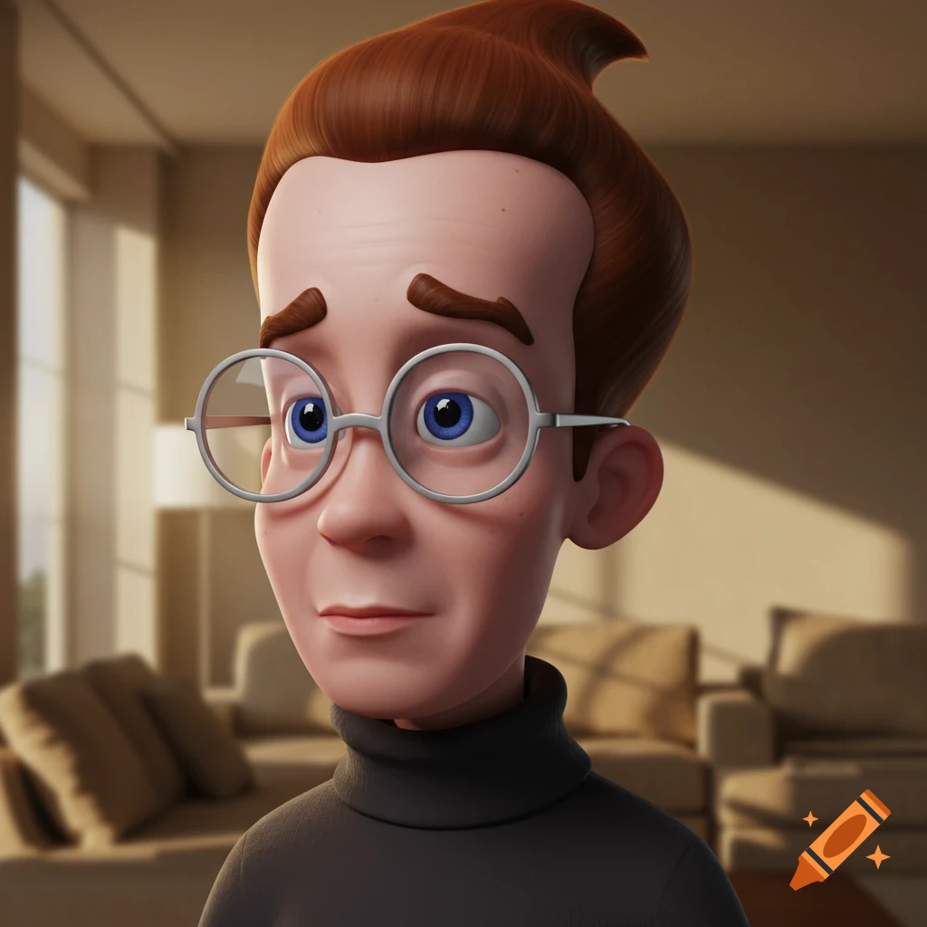 Stylized illustration of a cartoon character resembling Jimmy Neutron in a turtleneck and glasses.