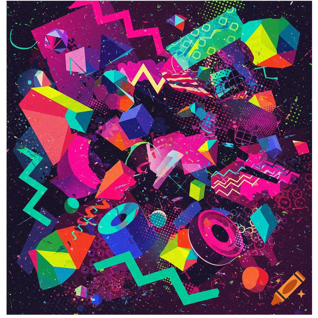 Vibrant abstract composition of geometric shapes and patterns in a 90s graphic style.