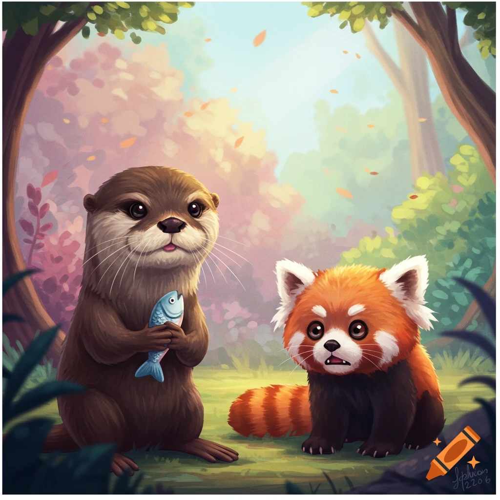 Cute otter holding a fish next to a scared red panda in a forest illustration