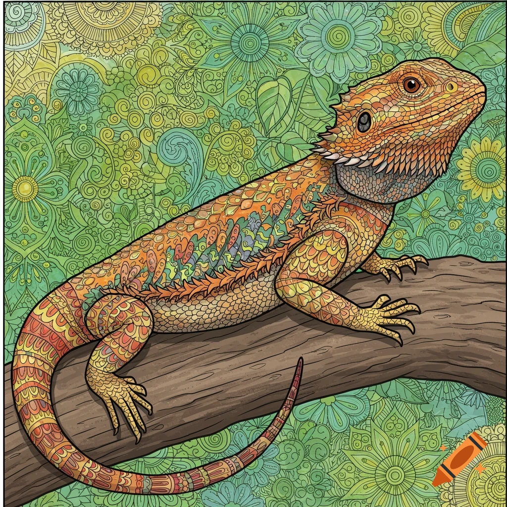 Coloring page illustration of a bearded dragon on a branch with detailed floral and swirl background patterns.