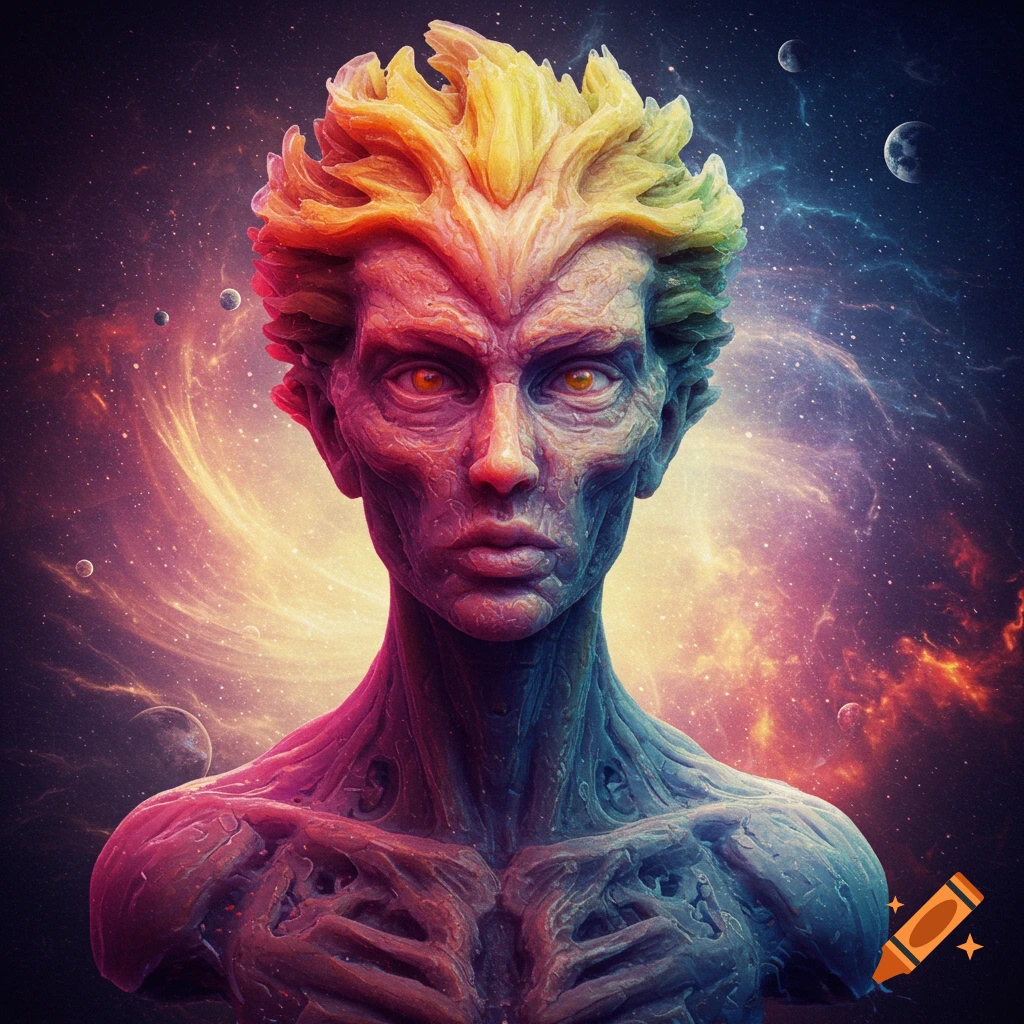 Bust portrait of a humanoid figure with textured skin and vibrant hair, set against a swirling cosmic nebula with planets.