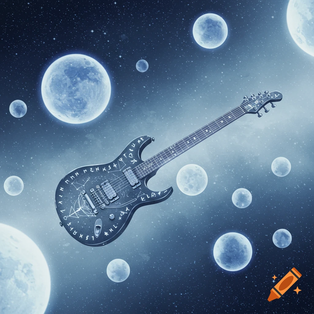 A guitar floats in space surrounded by moons and stars
