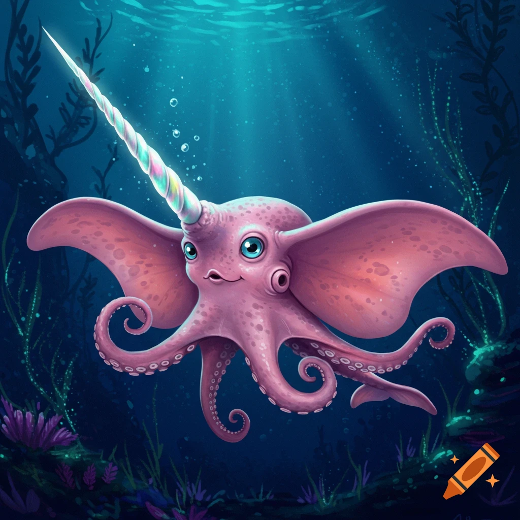 Illustration of a pink dumbo octopus with a unicorn horn swimming underwater.