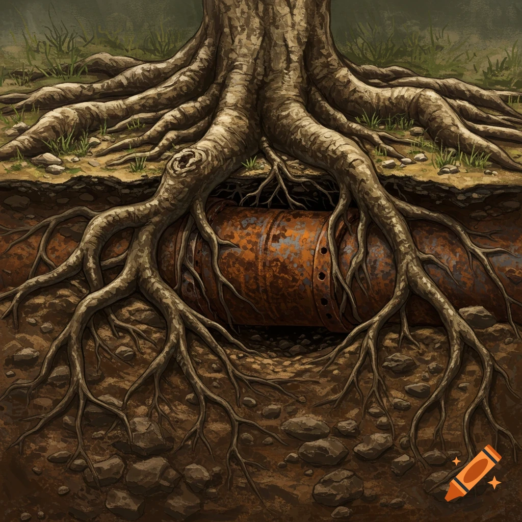 Roots hitting a pipe in the ground