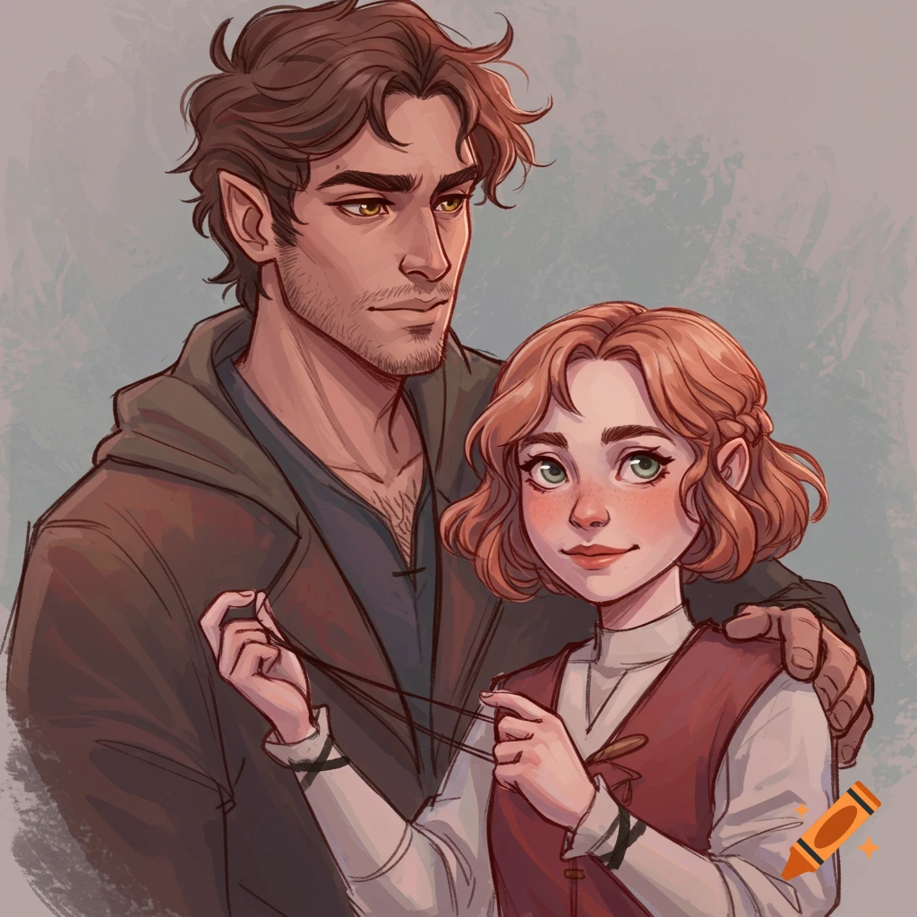 Digital illustration of a man with brown hair and a woman with short red hair. They are close together, holding a thin string.