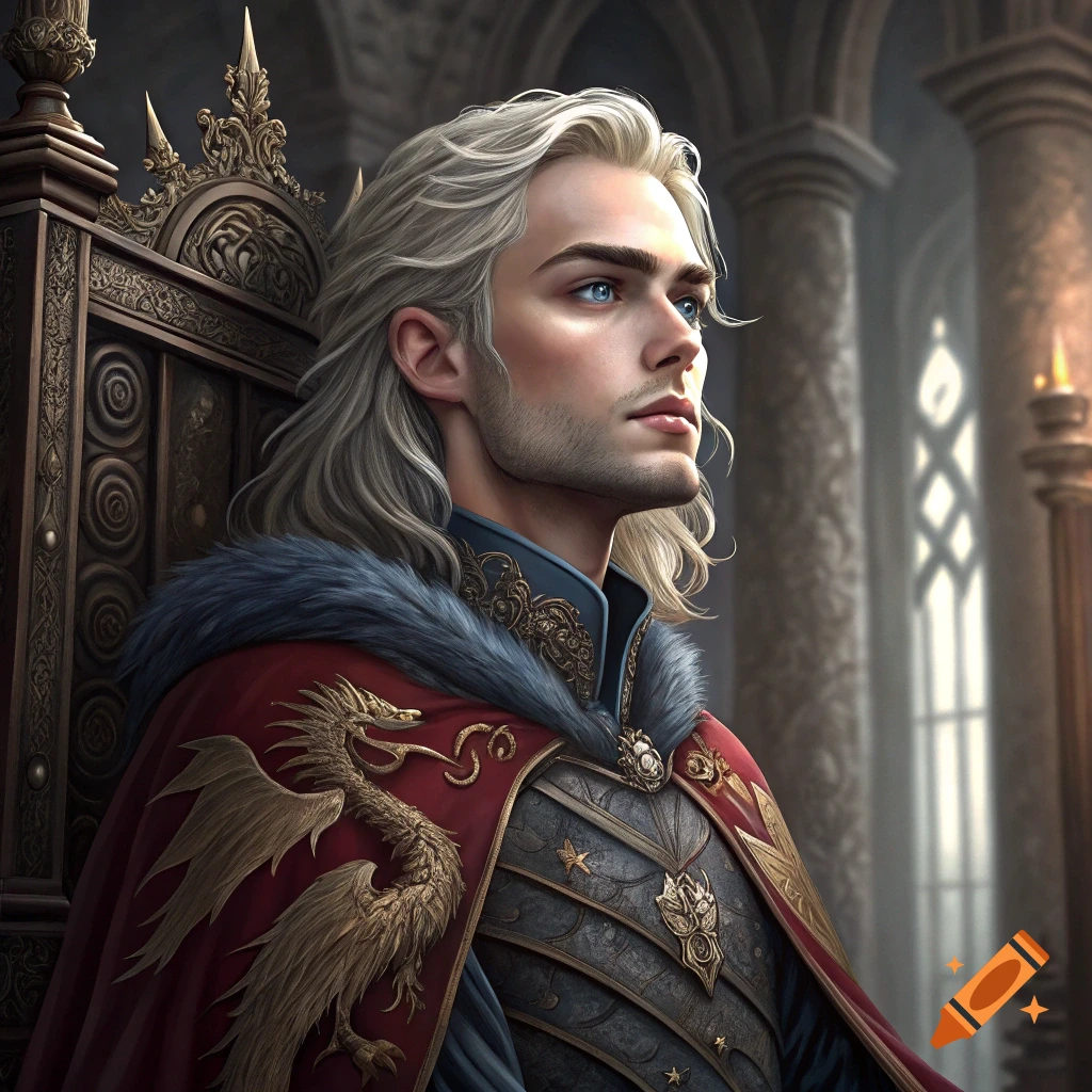 A man with long white hair wearing red and gold fantasy armor sits on a throne in a hall.