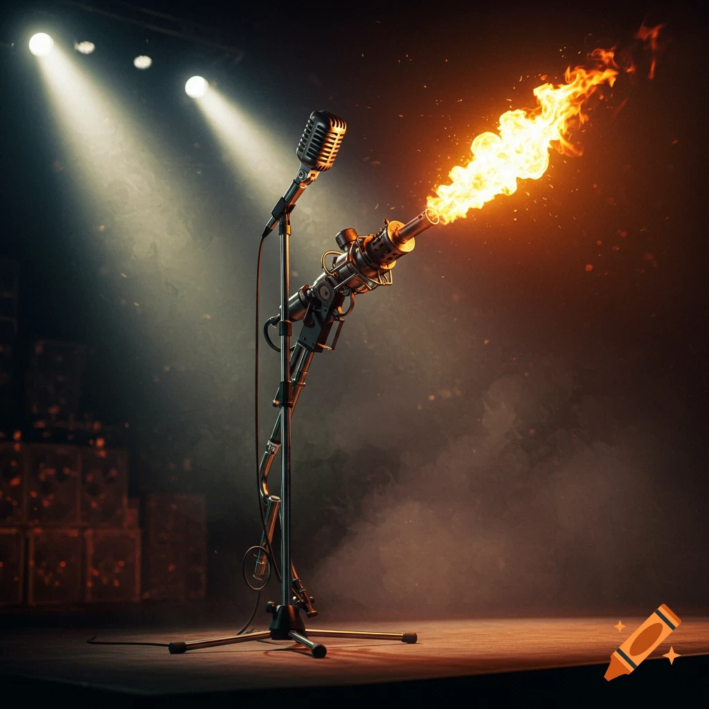 A steampunk microphone stand shooting fire on a stage.