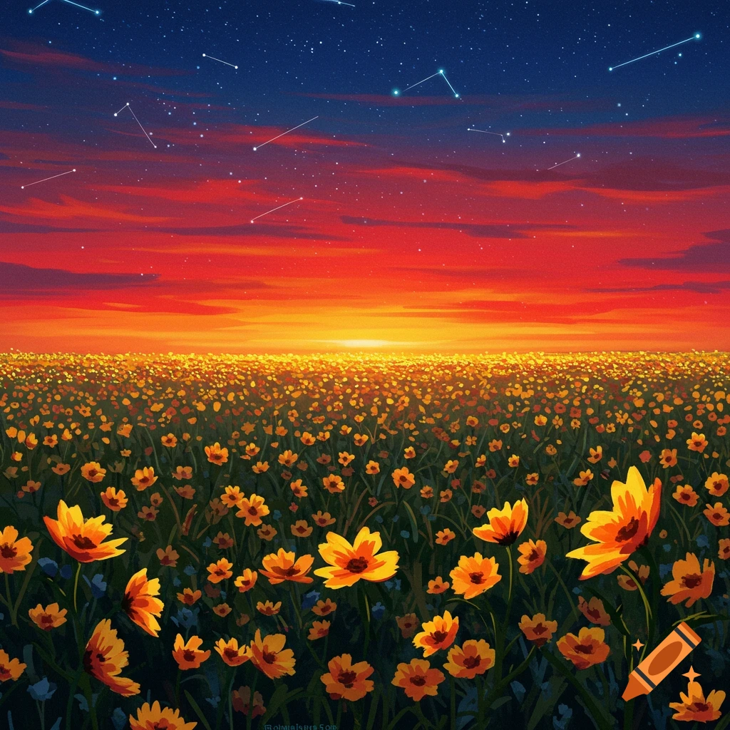 A painterly view of a field of yellow flowers under a red sunset sky with stars and constellations.