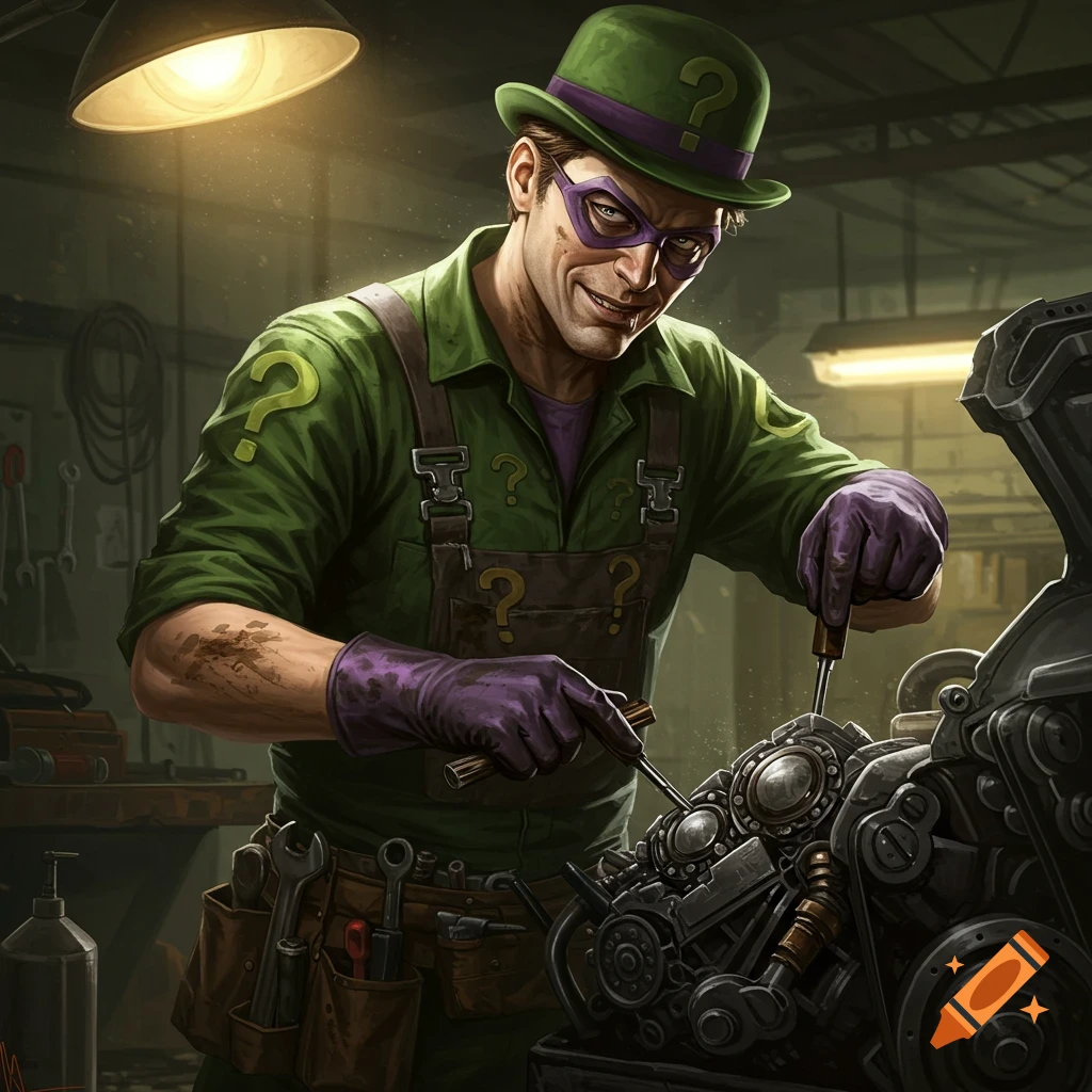 The Riddler, dressed as a mechanic, works on an engine in a workshop.