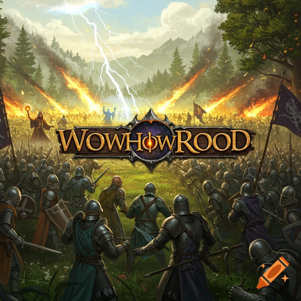 Fantasy battle illustration with medieval soldiers, mages, lightning, and fire, featuring the text WOWHOWROOD.