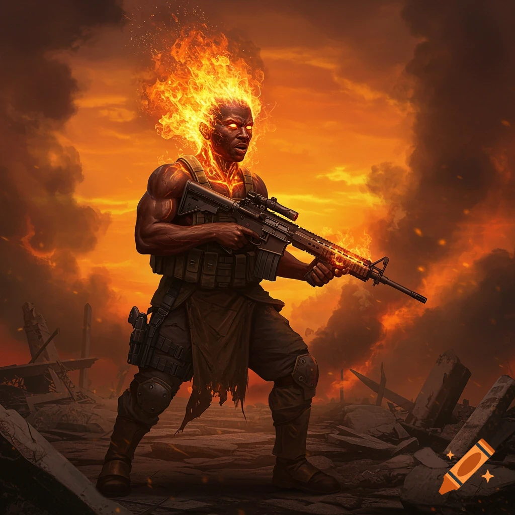 Man with head and shoulders on fire holds an AR-15 rifle in a destroyed landscape.