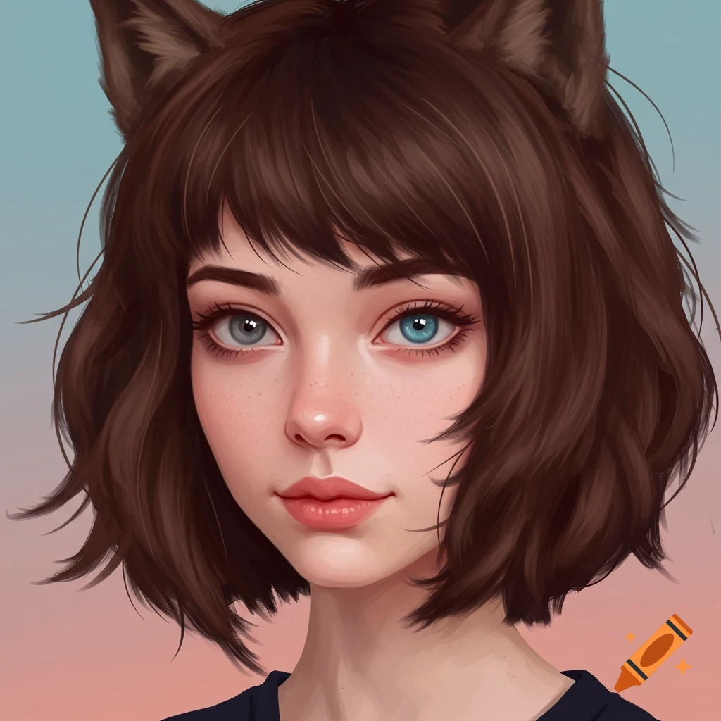 Digital art portrait of a young female with brown wolf cut hair, one grey eye, one blue eye, and wolf ears.