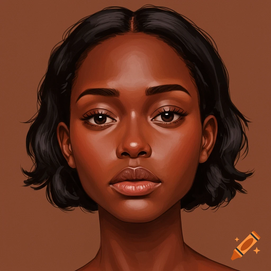 Close-up portrait of a young woman with brown skin and short dark hair, rendered in a digital illustration style.