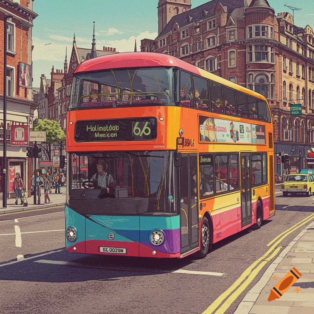 A cartoon style double-decker bus drives down a city street.