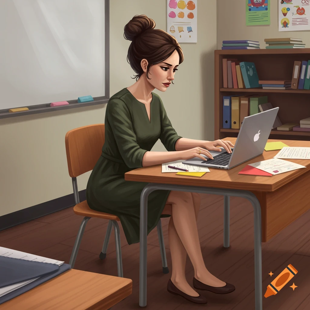 An illustration of a woman teacher sitting at a desk in a classroom, working on a laptop.