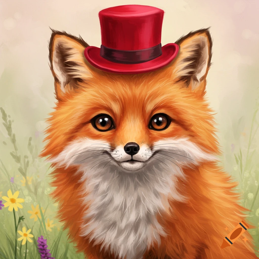 Cute illustrated fox wearing a red top hat in a field of flowers.
