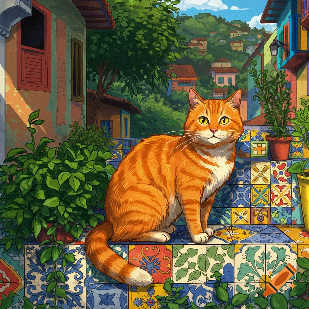 An orange cat sits on colorful tiled steps in a vibrant, illustrative town.