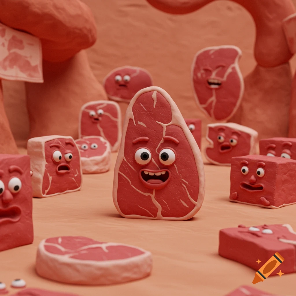 Cartoon steaks and meat chunks with expressive faces in a surreal clay world.