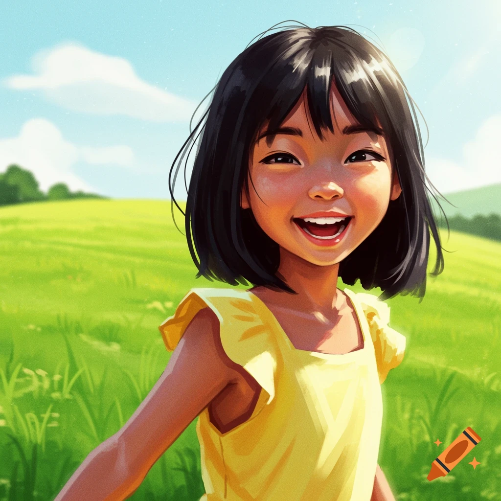 A young girl smiles in a sunny field.